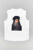 Leonardo Da Vinci Yazılı Portre Baskılı Unisex Kolsuz Beyaz Tişört - Tshirt
