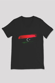 Libya Bayrağı Baskılı Unisex Siyah V Yaka Tişört