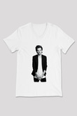 Louis Tomlinson Baskılı Beyaz Unisex V Yaka Tişört - Tshirt