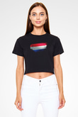 Lüksemburg - Luxembourg Bayrağı Baskılı Kadın Crop Top Siyah Tişört