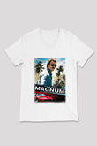 Magnum P.I. Beyaz Unisex V Yaka Tişört T-Shirt