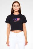 Malezya - Malaysia Bayrağı Baskılı Kadın Crop Top Siyah Tişört