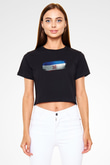 Mari El Bayrağı Baskılı Kadın Crop Top Siyah Tişört