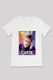Marie Sklodowska Curie Baskılı Unisex V Yaka Beyaz Tişört - Tshirt