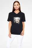 Marilyn Monroe Baskılı Unisex Siyah V Yaka Tişört