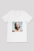 Marilyn Monroe Baskılı V Yaka Unisex Beyaz Tişört