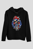 Mario Biker Baskılı Siyah Unisex Hoodie