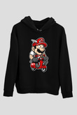 Mario Scooter Baskılı Siyah Unisex Hoodie