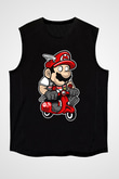Mario Scooter Baskılı Siyah Unisex Kolsuz Tişört
