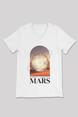 Mars Gezegeni Baskılı Unisex V Yaka Beyaz Tişört - Tshirt