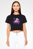 Marshmello Baskılı Crop Top Siyah Kadın Tişört