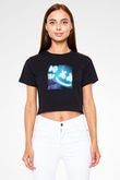 Marshmello Baskılı Crop Top Siyah Kadın Tişört