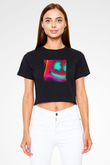 Marshmello Baskılı Crop Top Siyah Kadın Tişört