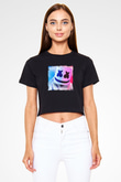 Marshmello Baskılı Crop Top Siyah Kadın Tişört