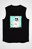 Marshmello Baskılı Unisex Siyah Kolsuz Tişört