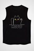 Meow Kedi Baskılı Unisex Siyah  Kolsuz Tişört