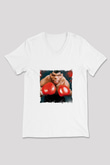 Mike Tyson Baskılı V Yaka Unisex Beyaz Tişört