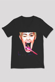 Miley Cyrus Baskılı Unisex Siyah V Yaka Tişört - Tshirt