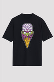 Mojo Jo Ice Cream Baskılı Siyah Unisex Oversize Tişört