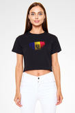 Moldova Bayrağı Baskılı Kadın Crop Top Siyah Tişört