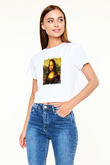 Mona Lisa Baskılı Beyaz Kadın Crop Top Tişört