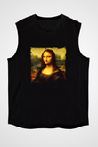 Mona Lisa Baskılı Unisex Siyah Kolsuz Tişört