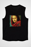 Mona Lisa Baskılı Unisex Siyah Kolsuz Tişört
