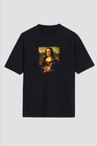 Mona Lisa Baskılı Unisex Siyah Oversize Tişört