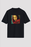Mona Lisa Baskılı Unisex Siyah Oversize Tişört