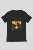 Mona Lisa Baskılı Unisex Siyah V Yaka Tişört