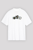 Motor Sporları Baskılı Unisex Beyaz Oversize Tişört - Tshirt