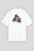 Motor Sporları Baskılı Unisex Beyaz Oversize Tişört - Tshirt