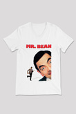 Mr.Bean Beyaz Unisex  V Yaka Tişört