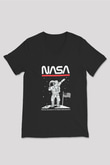 Nasa Asntonot Aya Ayak Basma Baskılı Unisex Siyah V Yaka Tişört