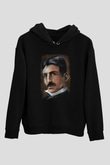 Nikola Tesla Baskılı Unisex Siyah Kapüşonlu Sweatshirt