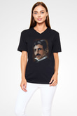 Nikola Tesla Baskılı Unisex V Yaka Siyah Tİşört - Tshirt