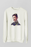 Nikola Tesla Çizim Portre Baskılı Unisex Beyaz Sweatshirt