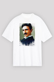 Nikola Tesla Renkli Portre Baskılı Unisex Oversize Beyaz Tişört - Tshirt