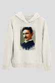 Nikola Tesla Renkli Portre Baskılı Unisex Ekru Hoodie
