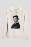 Nikola Tesla Yazılı Portre Baskılı Unisex Ekru Hoodie