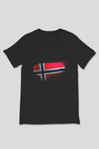 Norveç - Norway Bayrağı Baskılı Unisex Siyah V Yaka Tişört