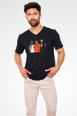Offset Baskılı Unisex Siyah V Yaka Tişört - Tshirt