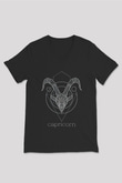 Oğlak Burcu Baskılı Unisex Siyah V Yaka Tişört - Tshirt