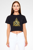 Om Baskılı Siyah Crop Top Kadın Tişört - Tshirt