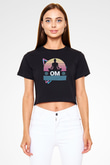 Om Baskılı Siyah Crop Top Kadın Tişört - Tshirt