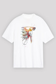 Omuz Çıkığı Baskılı Unisex Oversize Beyaz Tişört - Tshirt