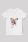 Omuz Çıkığı Baskılı Unisex V Yaka Beyaz Tişört - Tshirt