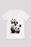 Panda Beyaz Unisex V Yaka Tişört