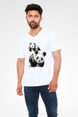 Panda Beyaz Unisex V Yaka Tişört