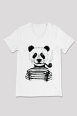 Panda Beyaz Unisex V Yaka Tişört T-Shirt